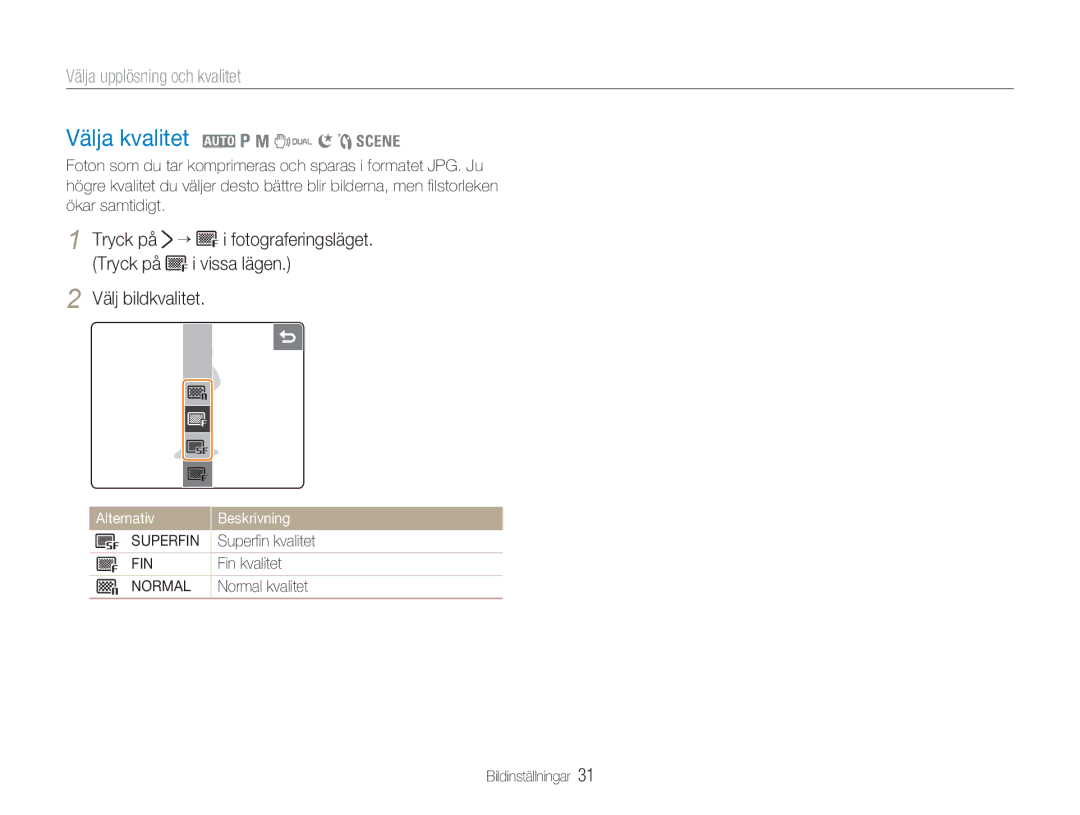 Samsung EC-NV100SBA/E1, EC-NV100SFB/E1 manual Välja kvalitet 2 1 8 7 6 5, Välja upplösning och kvalitet, Fin, Normal 