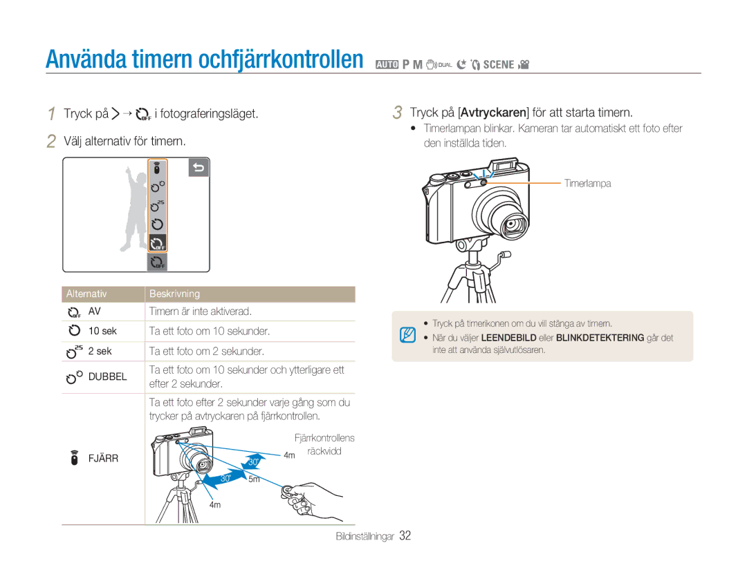 Samsung EC-NV100SFB/E1 manual Använda timern ochfjärrkontrollen 2 1 8 7 6 5 4, Tryck på ¡, Välj alternativ för timern 