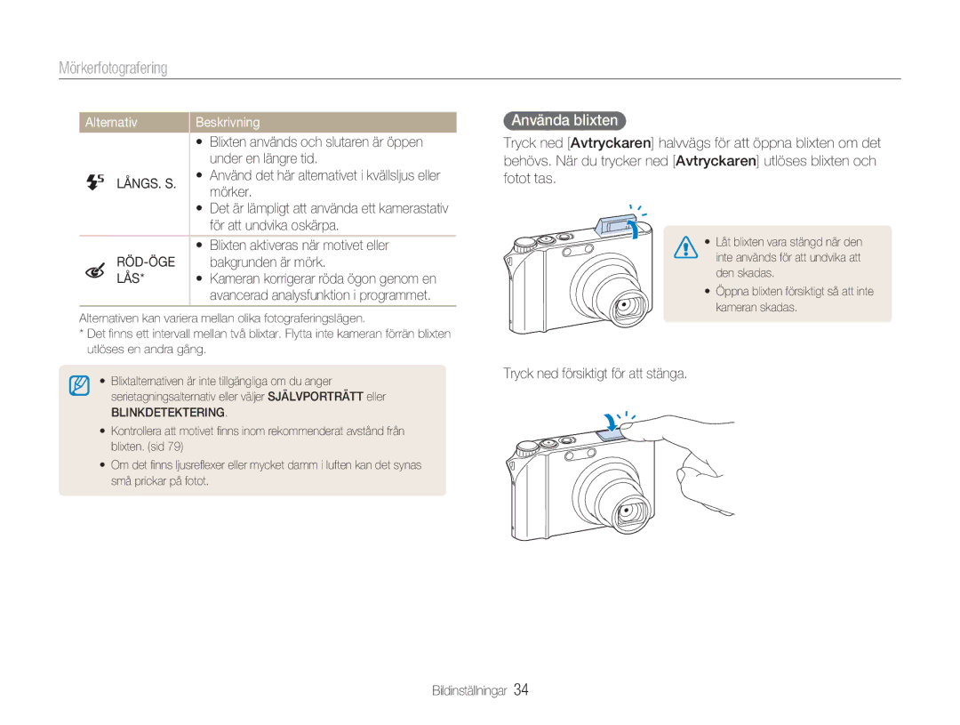 Samsung EC-NV100BBA/E1, EC-NV100SBA/E1, EC-NV100SFB/E1 manual Mörkerfotografering, Använda blixten, Långs. S, Röd-Öge, Lås 