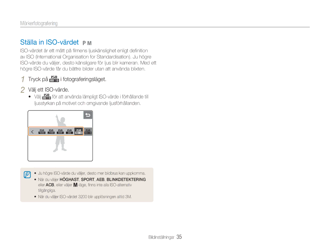 Samsung EC-NV100SBA/E1, EC-NV100SFB/E1 manual Ställa in ISO-värdet 1, Tryck på i fotograferingsläget Välj ett ISO-värde 
