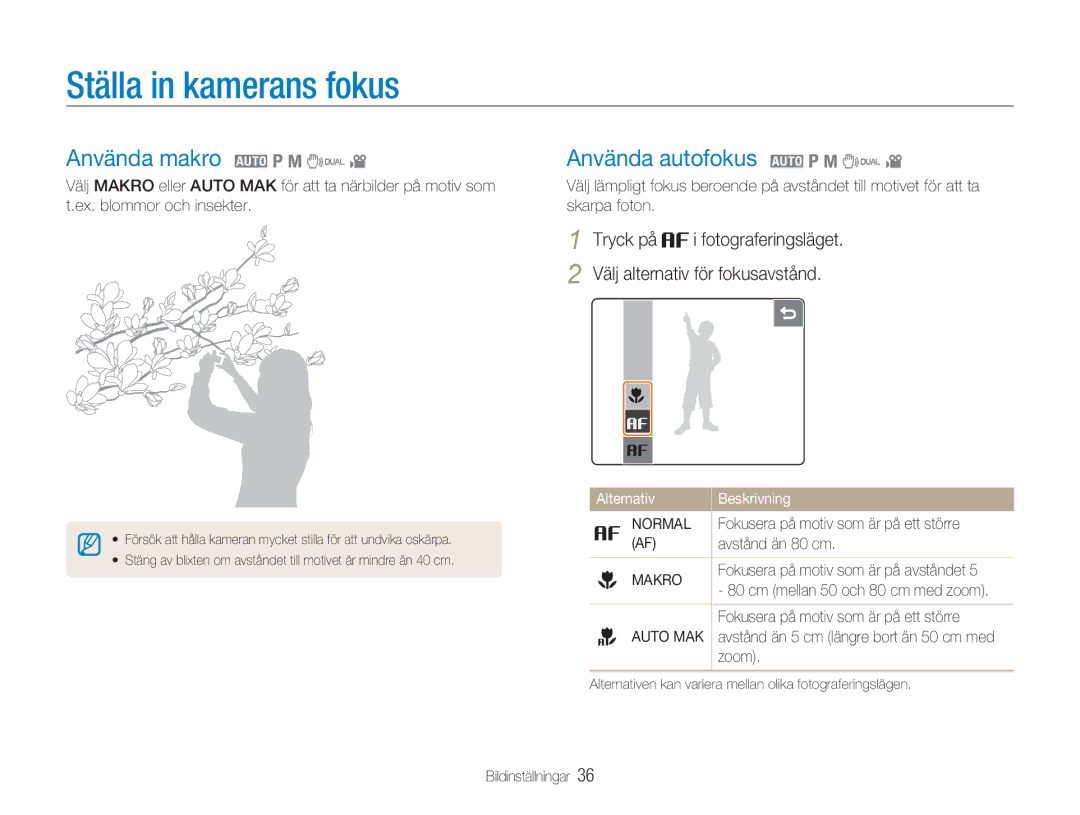 Samsung EC-NV100SFB/E1, EC-NV100SBA/E1 Ställa in kamerans fokus, Använda makro 2 1 8 7, Använda autofokus 2 1 8 7, Makro 