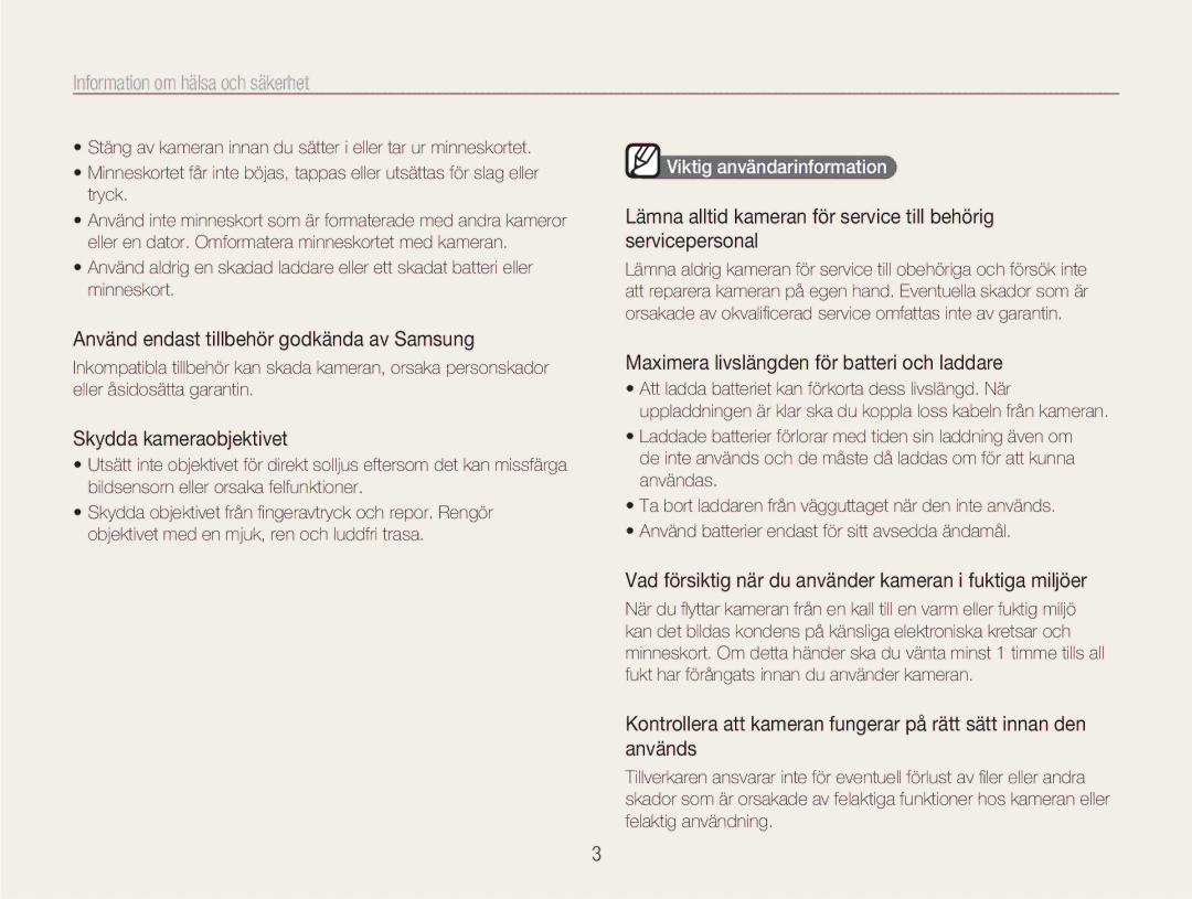 Samsung EC-NV100SBA/E1 Använd endast tillbehör godkända av Samsung, Skydda kameraobjektivet, Viktig användarinformation 