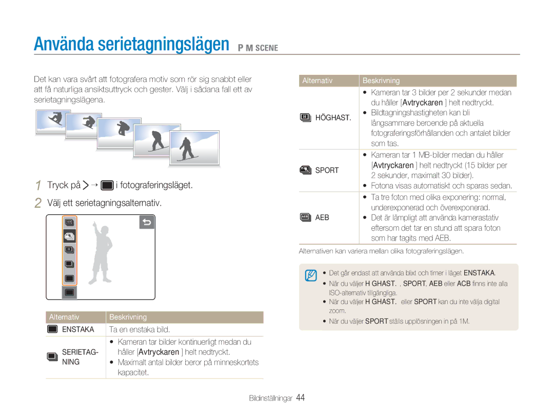 Samsung EC-NV100SFB/E1, EC-NV100SBA/E1, EC-NV100RBA/E1 Använda serietagningslägen 1 8, Välj ett serietagningsalternativ 