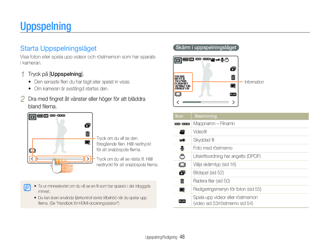 Samsung EC-NV100SFB/E1, EC-NV100SBA/E1, EC-NV100RBA/E1 manual Starta Uppspelningsläget, Skärm i uppspelningsläget 