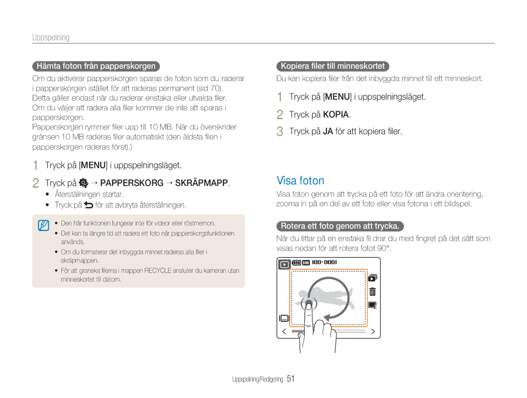 Samsung EC-NV100SBA/E1, EC-NV100SFB/E1 manual Visa foton, Hämta foton från papperskorgen, Kopiera ﬁler till minneskortet 