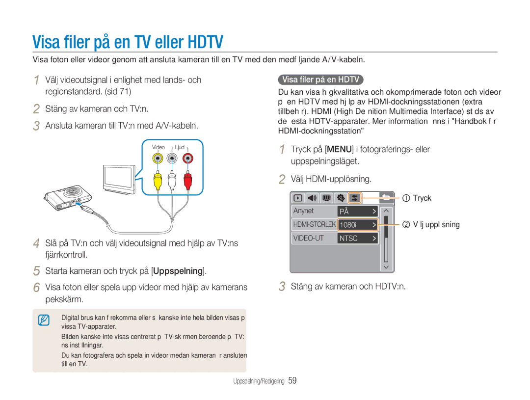 Samsung EC-NV100SBA/E1 manual Visa ﬁler på en TV eller Hdtv, Stäng av kameran och HDTVn, Visa ﬁler på en Hdtv, Anynet Tryck 