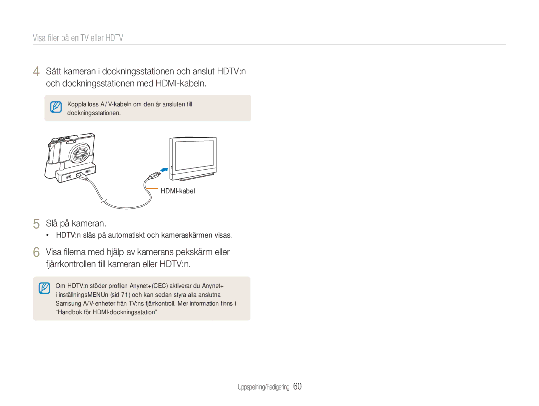 Samsung EC-NV100SFB/E1, EC-NV100SBA/E1, EC-NV100RBA/E1 manual Visa ﬁler på en TV eller Hdtv, Slå på kameran, HDMI-kabel 