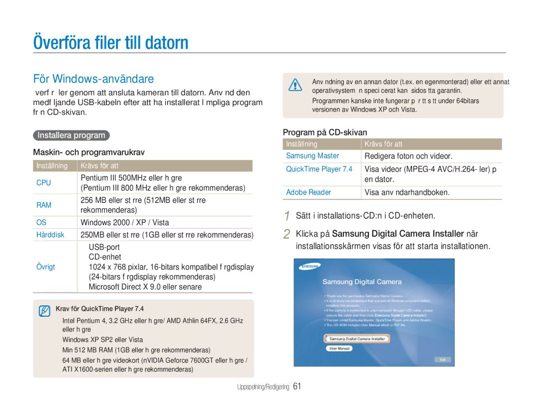 Samsung EC-NV100RBA/E1 manual Överföra ﬁler till datorn, För Windows-användare, Sätt i installations-CDn i CD-enheten 