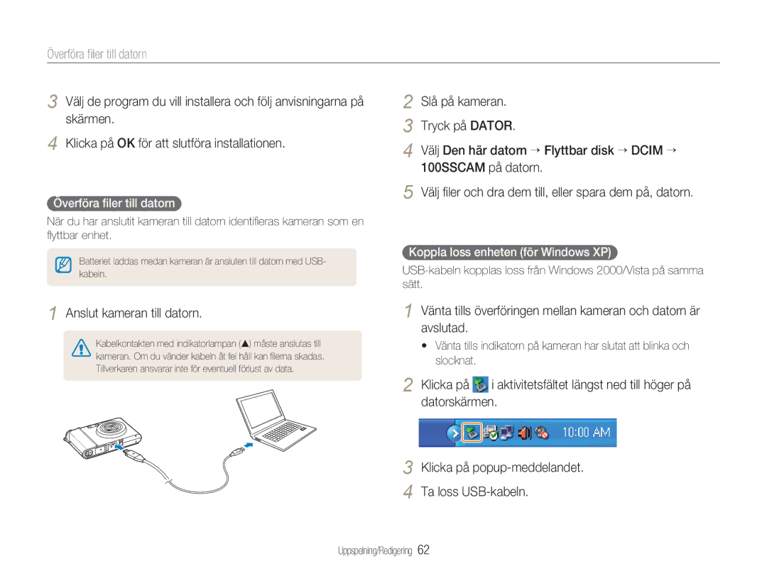 Samsung EC-NV100BBA/E1 manual Överföra ﬁler till datorn, Anslut kameran till datorn, Koppla loss enheten för Windows XP 