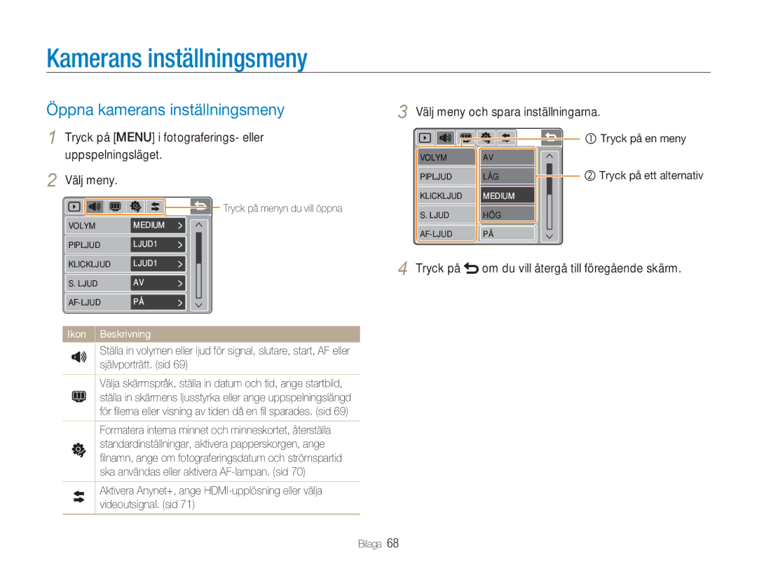 Samsung EC-NV100SFB/E1 Kamerans inställningsmeny, Öppna kamerans inställningsmeny, Välj meny och spara inställningarna 