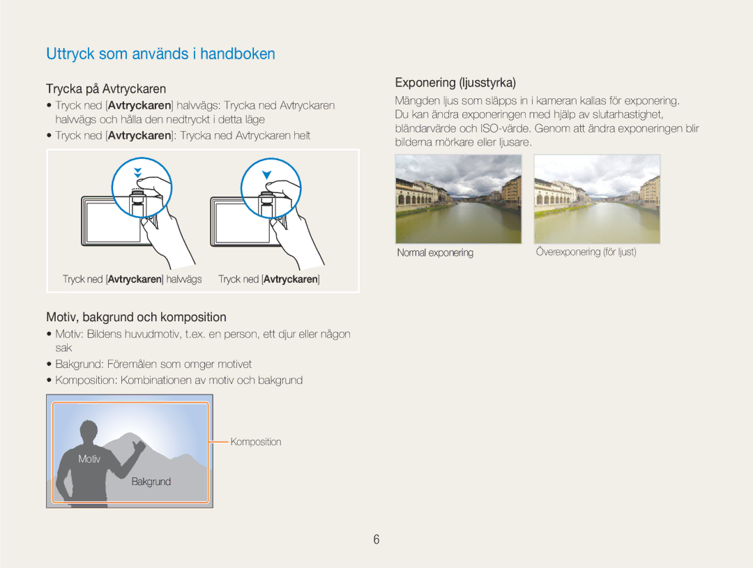 Samsung EC-NV100BBA/E1, EC-NV100SBA/E1 manual Uttryck som används i handboken, Trycka på Avtryckaren, Exponering ljusstyrka 