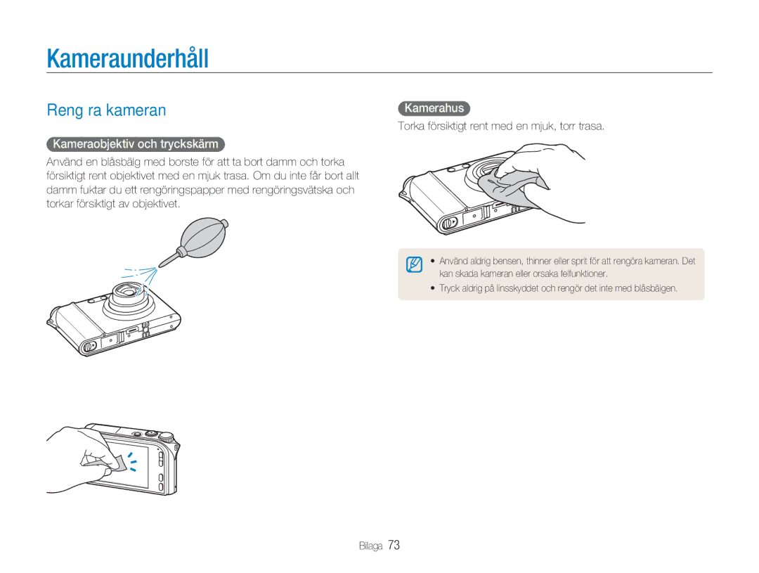 Samsung EC-NV100RBA/E1, EC-NV100SBA/E1 manual Kameraunderhåll, Rengöra kameran, Kameraobjektiv och tryckskärm, Kamerahus 