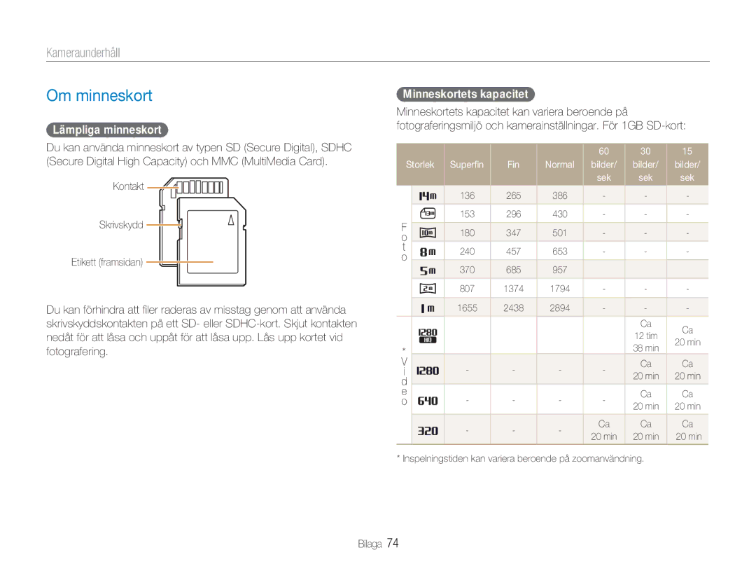 Samsung EC-NV100BBA/E1, EC-NV100SBA/E1 manual Om minneskort, Kameraunderhåll, Lämpliga minneskort, Minneskortets kapacitet 