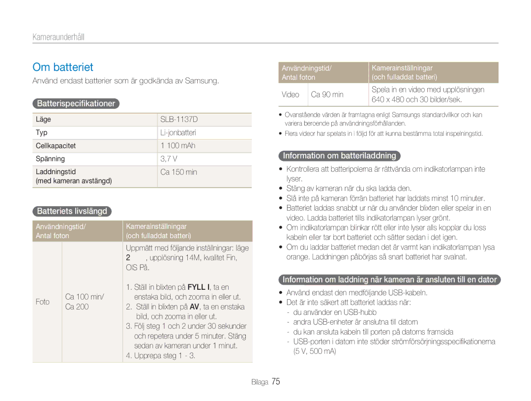 Samsung EC-NV100SBA/E1 manual Om batteriet, Batterispeciﬁkationer, Information om batteriladdning, Batteriets livslängd 