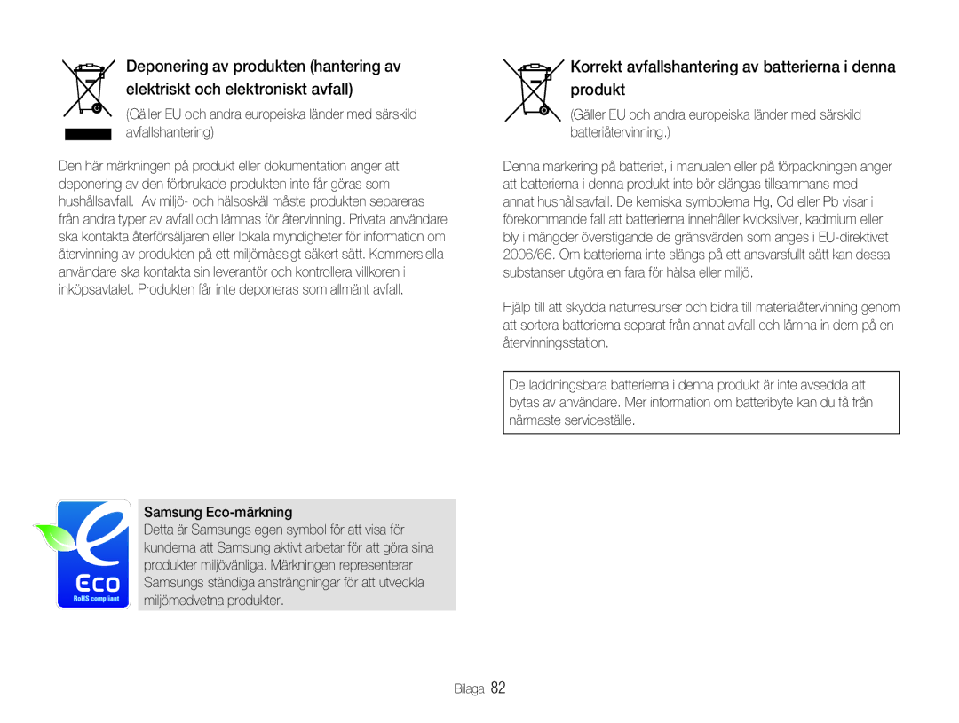 Samsung EC-NV100BBA/E1, EC-NV100SBA/E1, EC-NV100SFB/E1 manual Korrekt avfallshantering av batterierna i denna produkt 