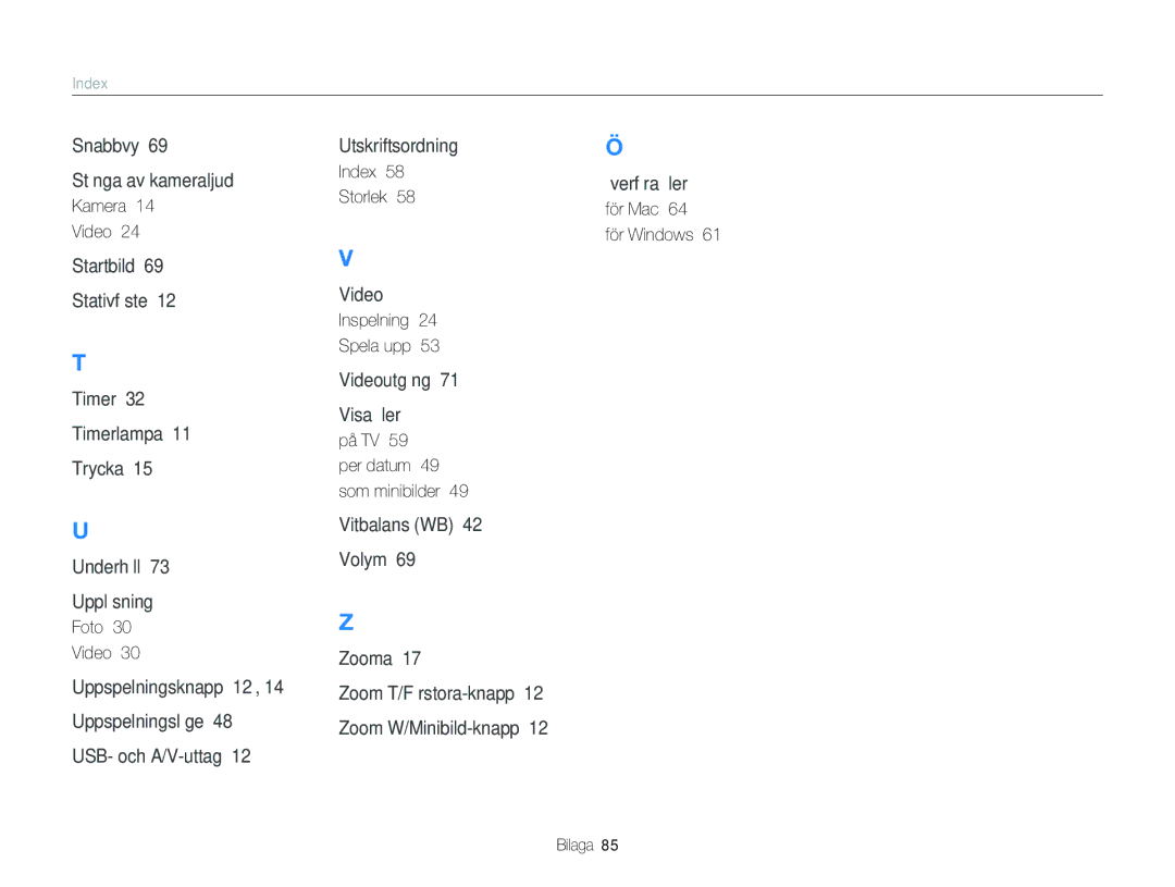 Samsung EC-NV100RBA/E1 manual Index, Kamera 14 Video, För Mac För Windows, Foto Video, På TV Per datum 49 som minibilder 