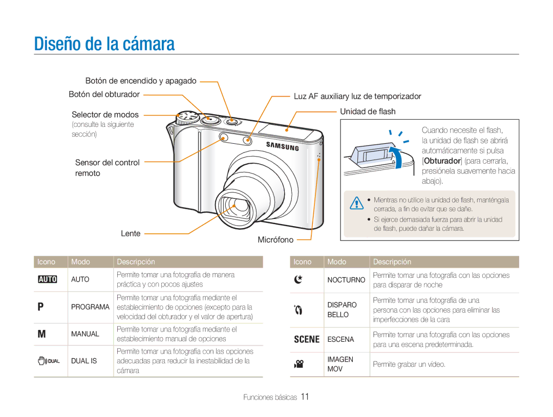 Samsung EC-NV100SBA/E1, EC-NV100SFB/E1, EC-NV100RBA/E1, EC-NV100BBA/E1 manual Diseño de la cámara 