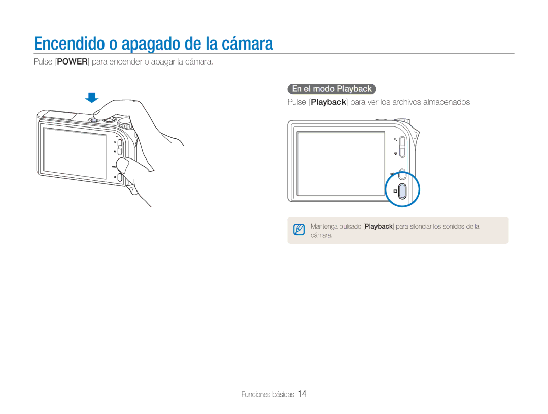 Samsung EC-NV100BBA/E1 Encendido o apagado de la cámara, En el modo Playback, Pulse Power para encender o apagar la cámara 