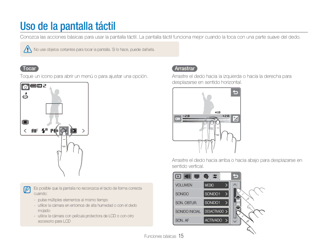 Samsung EC-NV100SBA/E1, EC-NV100SFB/E1, EC-NV100RBA/E1, EC-NV100BBA/E1 manual Uso de la pantalla táctil, Tocar, Arrastrar 