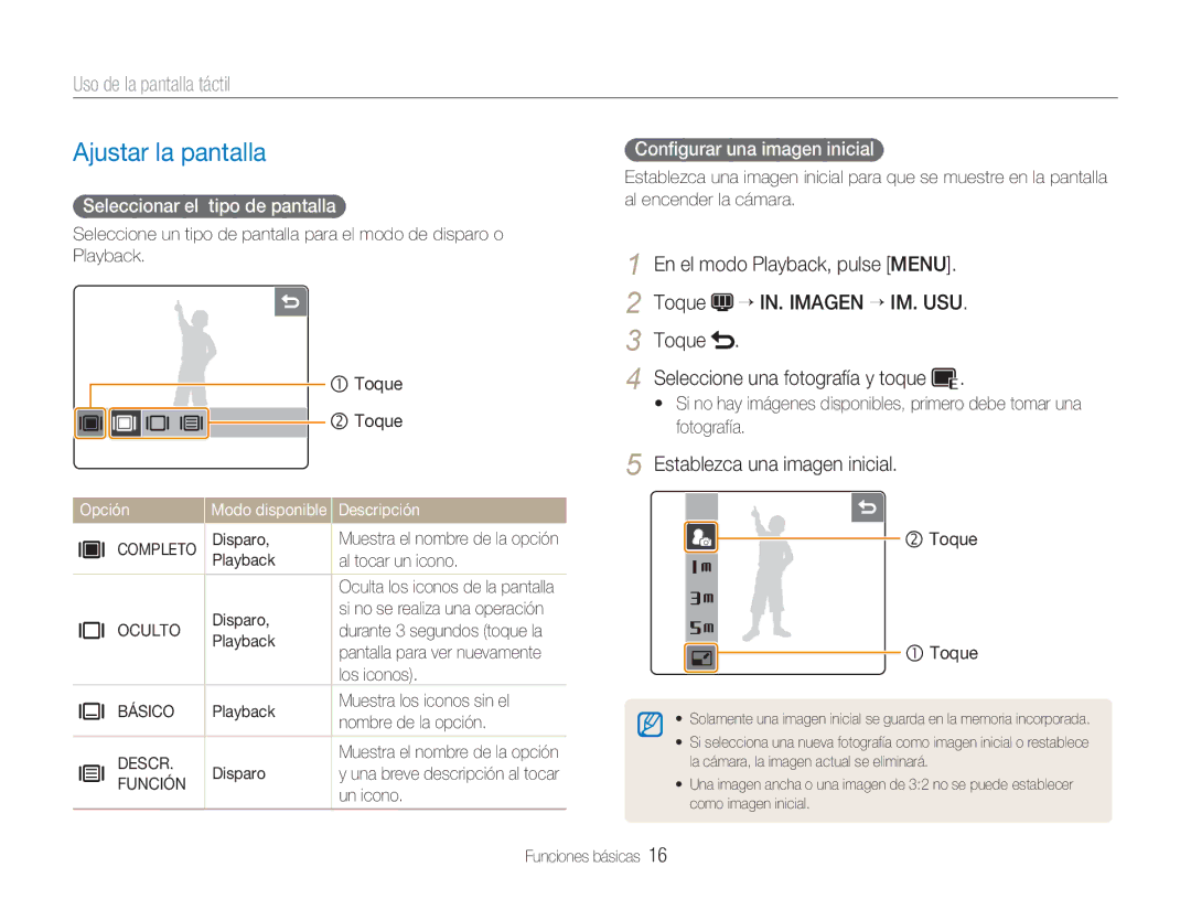 Samsung EC-NV100SFB/E1, EC-NV100SBA/E1, EC-NV100RBA/E1, EC-NV100BBA/E1 manual Ajustar la pantalla, Uso de la pantalla táctil 