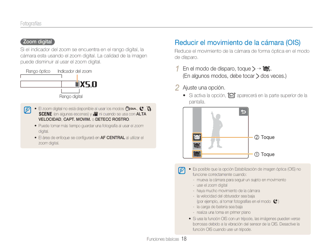 Samsung EC-NV100BBA/E1 Reducir el movimiento de la cámara OIS, Fotografías, Ajuste una opción, Zoom digital, Rango digital 