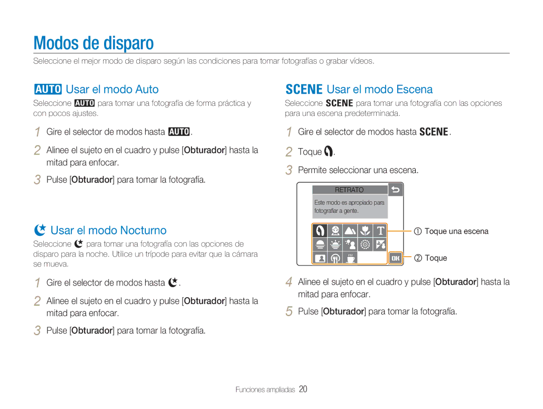 Samsung EC-NV100SFB/E1, EC-NV100SBA/E1 Modos de disparo, Usar el modo Auto, Usar el modo Escena, Usar el modo Nocturno 