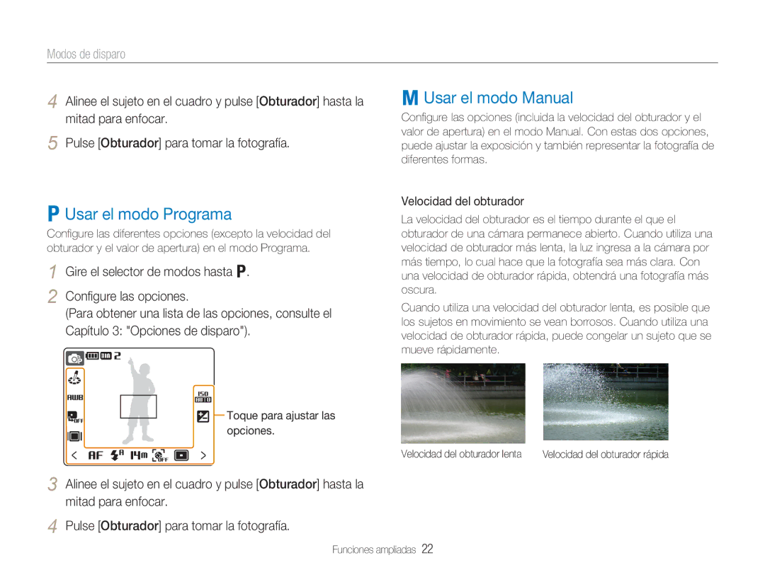 Samsung EC-NV100BBA/E1 Usar el modo Programa, Usar el modo Manual, Gire el selector de modos hasta Conﬁgure las opciones 