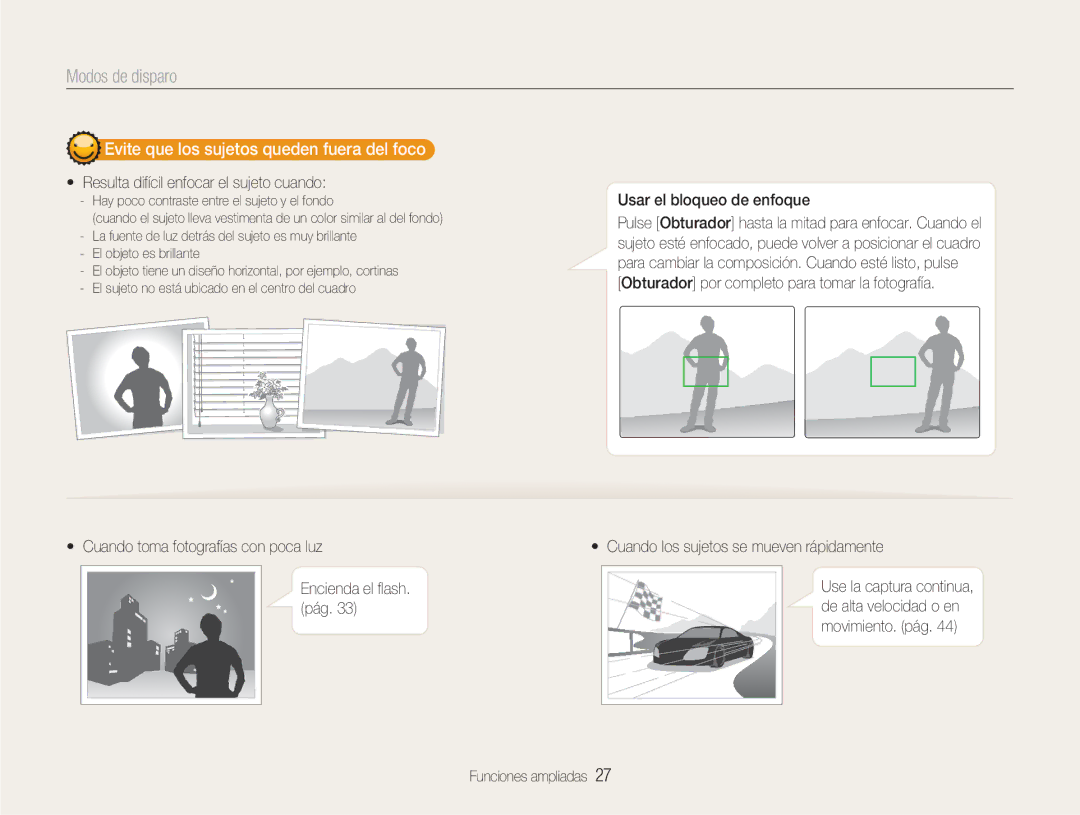 Samsung EC-NV100SBA/E1 manual Evite que los sujetos queden fuera del foco, Resulta difícil enfocar el sujeto cuando 