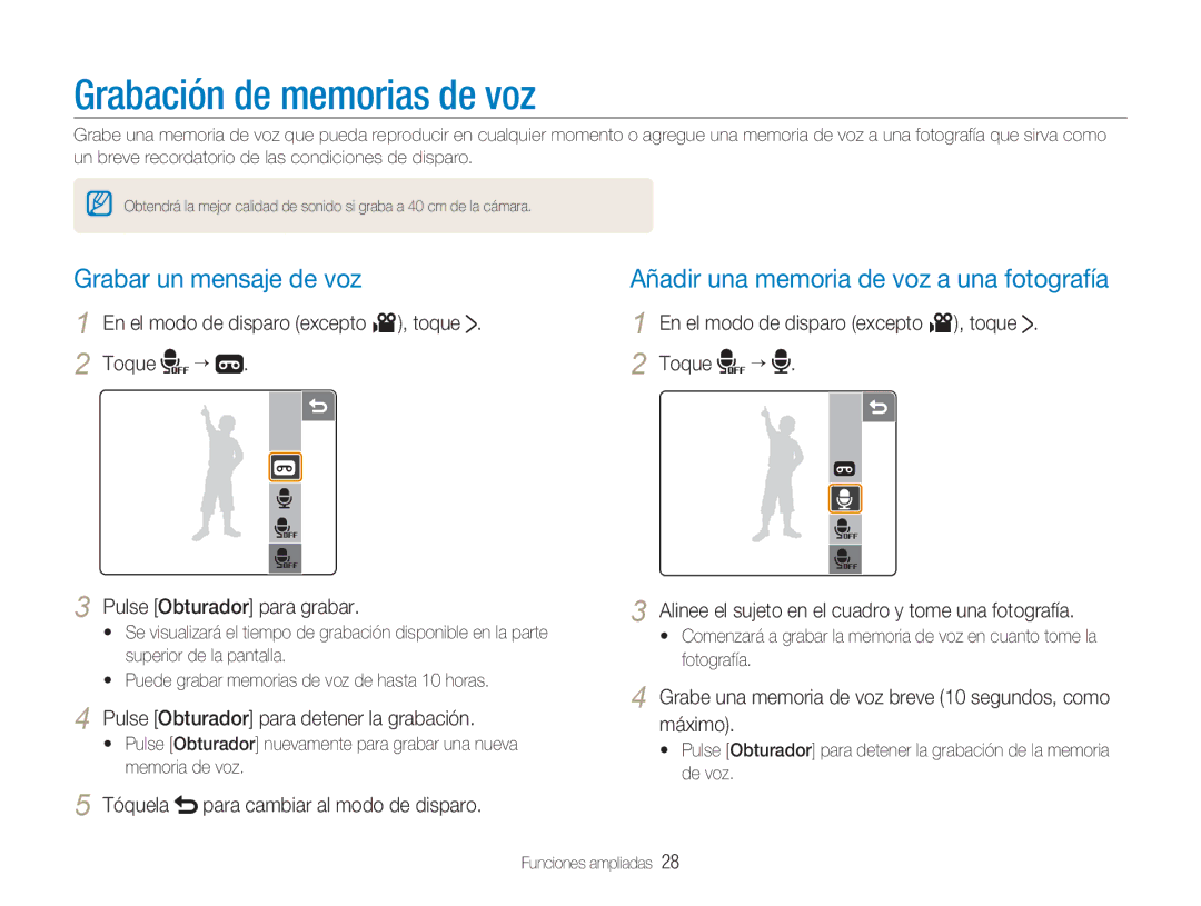 Samsung EC-NV100SFB/E1 Grabación de memorias de voz, Grabar un mensaje de voz, Pulse Obturador para detener la grabación 