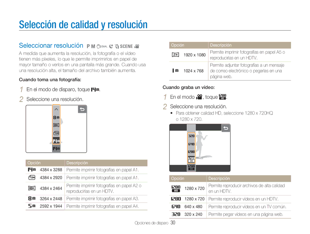 Samsung EC-NV100BBA/E1, EC-NV100SBA/E1 manual Selección de calidad y resolución, Seleccionar resolución 1 8 7 6 5 4 