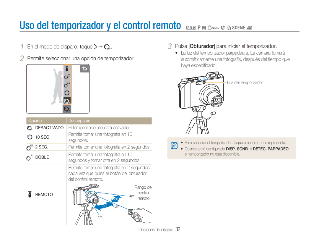 Samsung EC-NV100SFB/E1, EC-NV100SBA/E1 manual Uso del temporizador y el control remoto 2 1 8 7 6 5 4, Doble, Remoto 