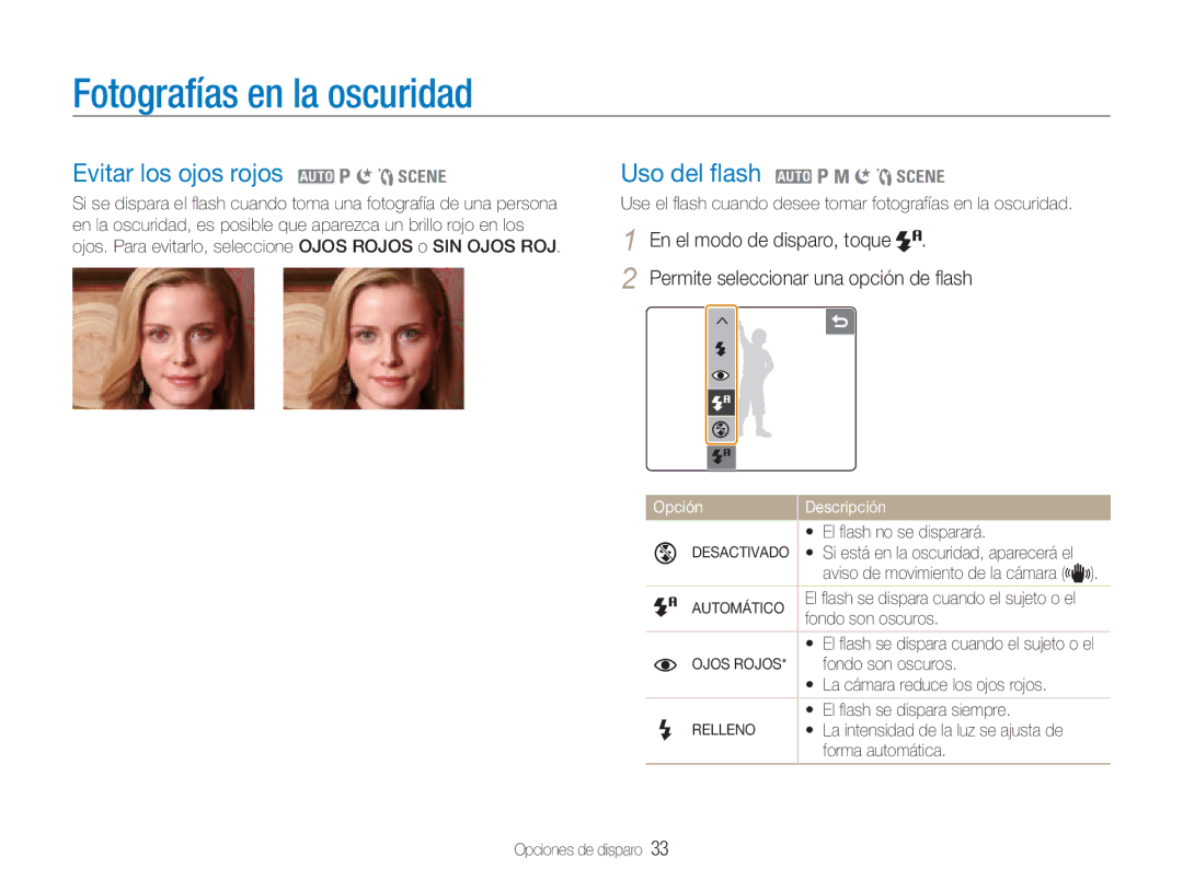 Samsung EC-NV100RBA/E1, EC-NV100SBA/E1 Fotografías en la oscuridad, Evitar los ojos rojos 2 1 6 5, Uso del ﬂash 2 1 8 6 5 