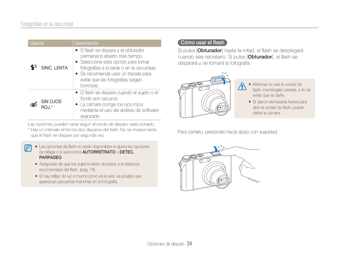 Samsung EC-NV100BBA/E1, EC-NV100SBA/E1 manual Fotografías en la oscuridad, Cómo usar el ﬂash, SINC. Lenta, SIN Ojos, Roj 