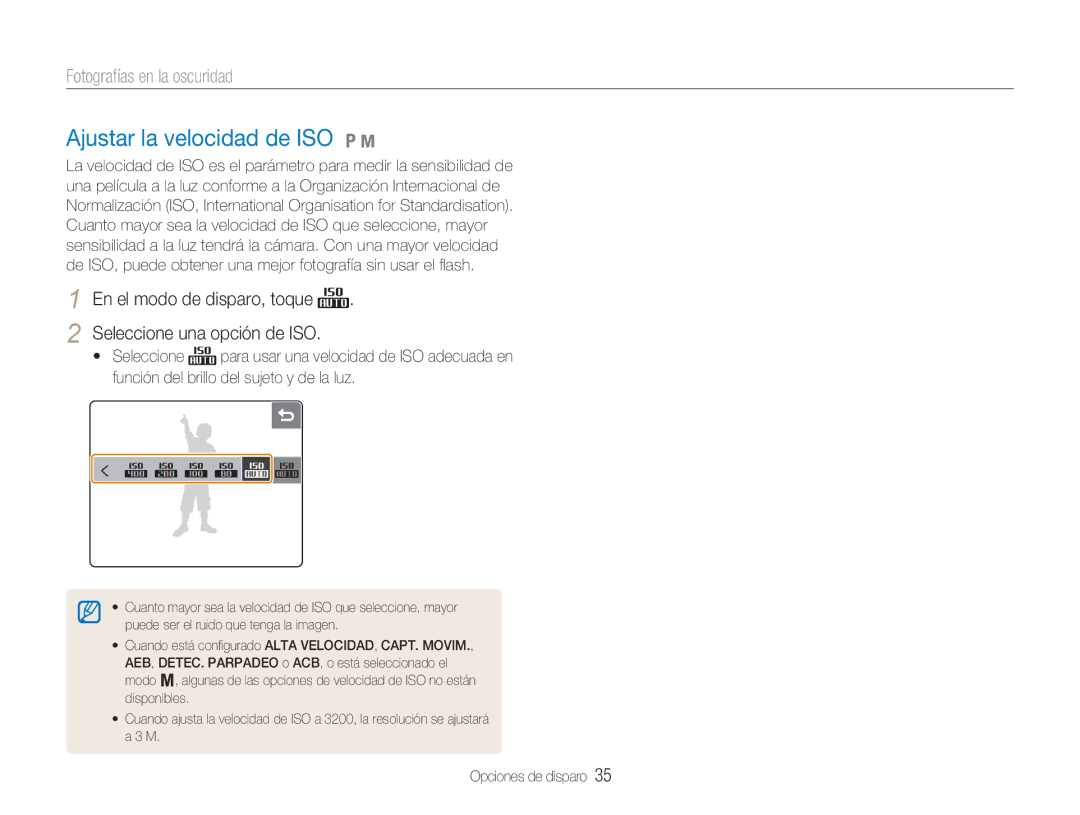 Samsung EC-NV100SBA/E1, EC-NV100SFB/E1, EC-NV100RBA/E1, EC-NV100BBA/E1 manual Ajustar la velocidad de ISO 1 