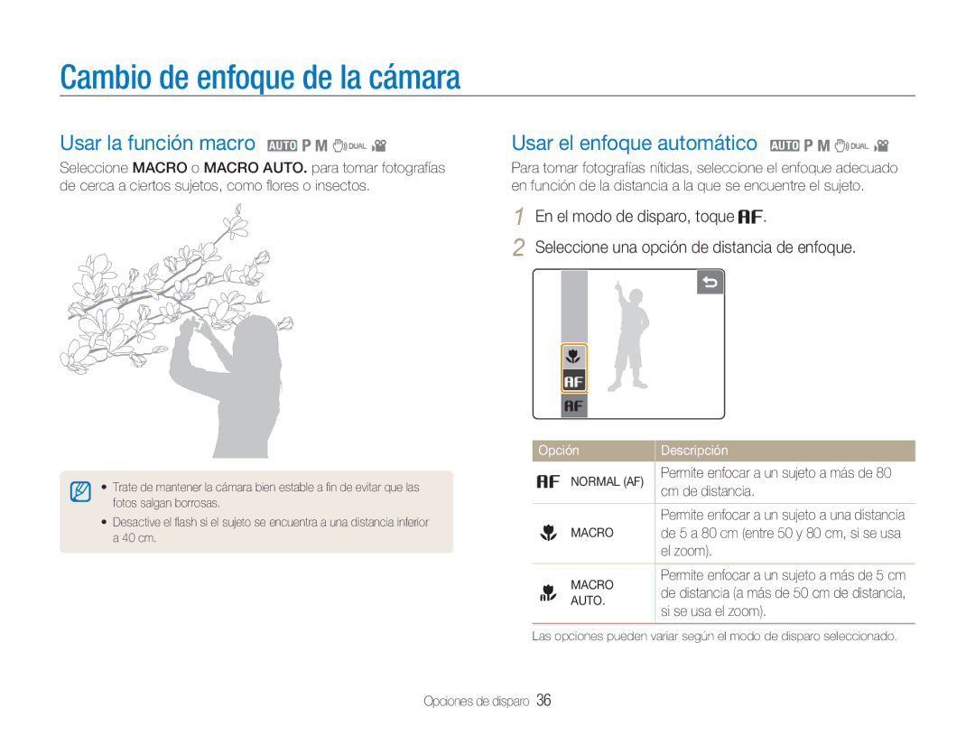 Samsung EC-NV100SFB/E1 Cambio de enfoque de la cámara, Usar la función macro 2 1 8 7, Usar el enfoque automático 2 1 8 7 