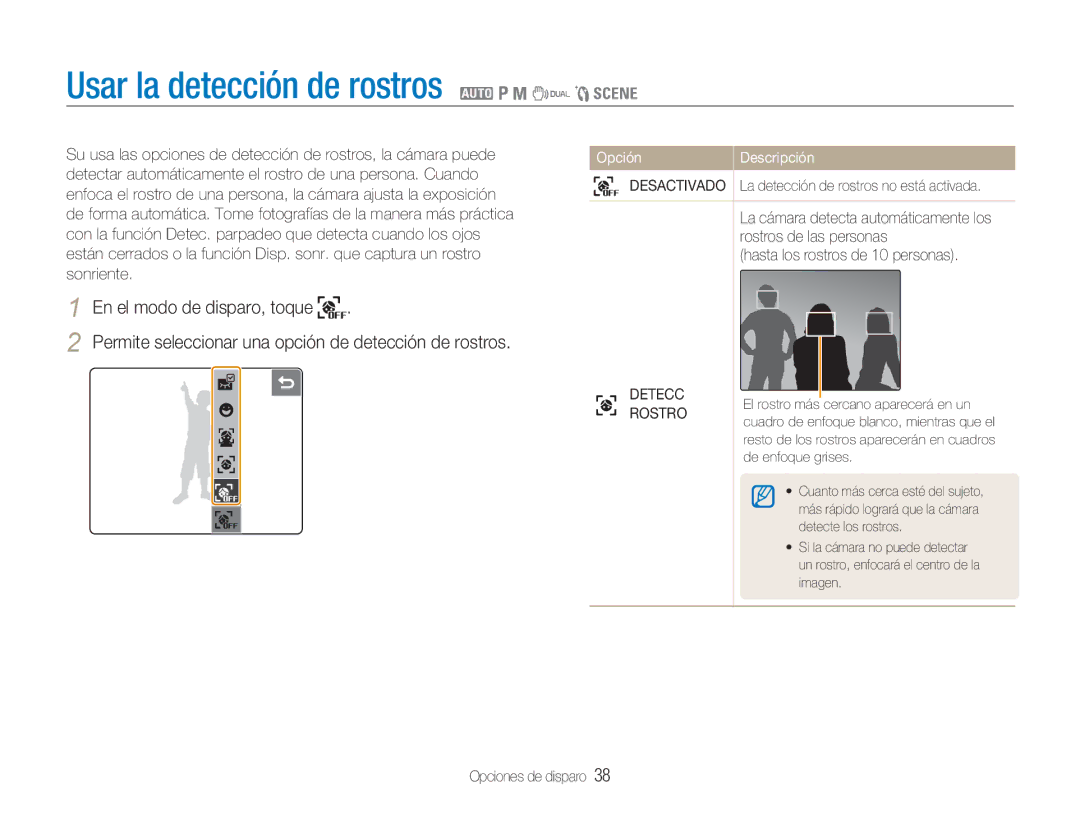 Samsung EC-NV100BBA/E1 manual Usar la detección de rostros 2 1 8 7 5, Hasta los rostros de 10 personas, Detecc, Rostro 