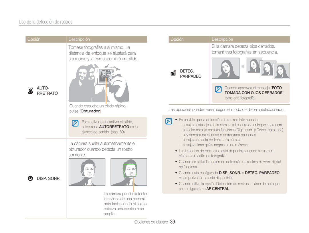 Samsung EC-NV100SBA/E1, EC-NV100SFB/E1 manual Uso de la detección de rostros, Auto Rretrato, Detec Parpadeo, DISP. Sonr 