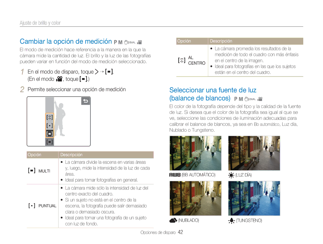 Samsung EC-NV100BBA/E1 manual Cambiar la opción de medición 1 8 7, Seleccionar una fuente de luz balance de blancos 