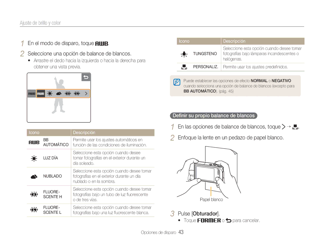 Samsung EC-NV100SBA/E1, EC-NV100SFB/E1, EC-NV100RBA/E1, EC-NV100BBA/E1 manual Deﬁnir su propio balance de blancos 