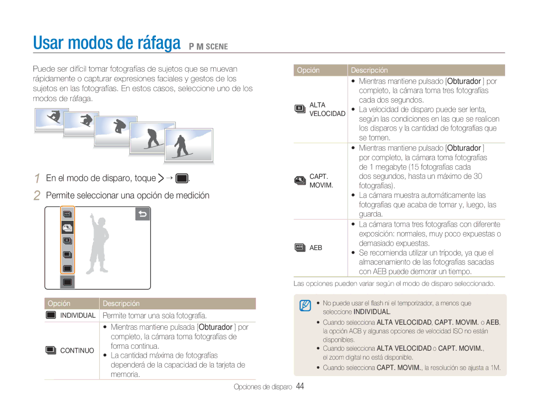 Samsung EC-NV100SFB/E1, EC-NV100SBA/E1, EC-NV100RBA/E1, EC-NV100BBA/E1 manual Usar modos de ráfaga 1 8 