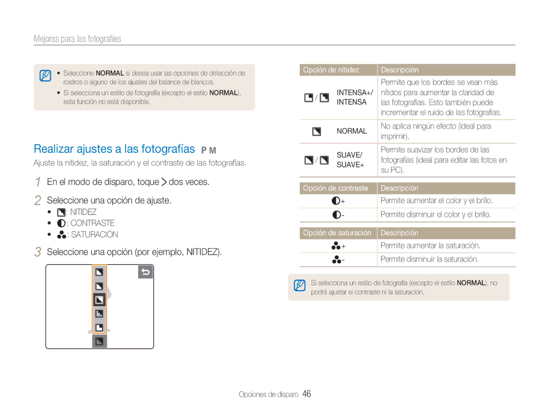 Samsung EC-NV100BBA/E1 Realizar ajustes a las fotografías 1, Mejoras para las fotografías, Seleccione una opción de ajuste 