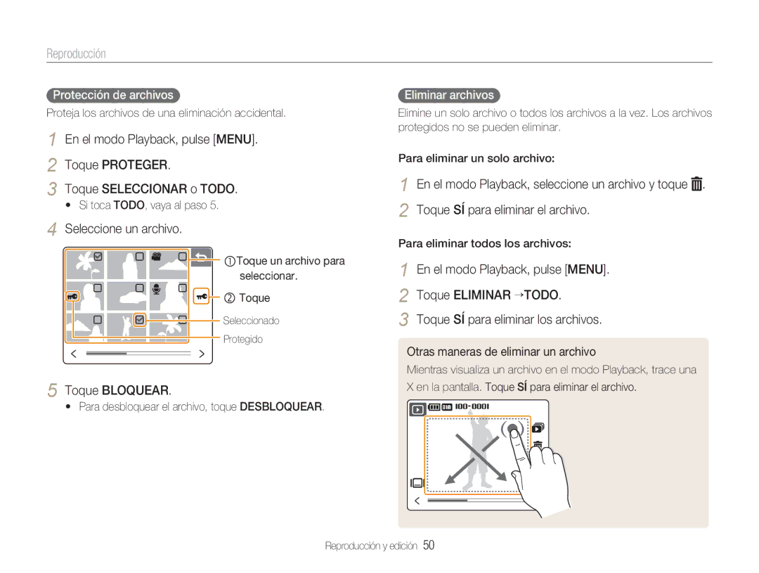 Samsung EC-NV100BBA/E1, EC-NV100SBA/E1 Seleccione un archivo, Toque Bloquear, Protección de archivos, Eliminar archivos 