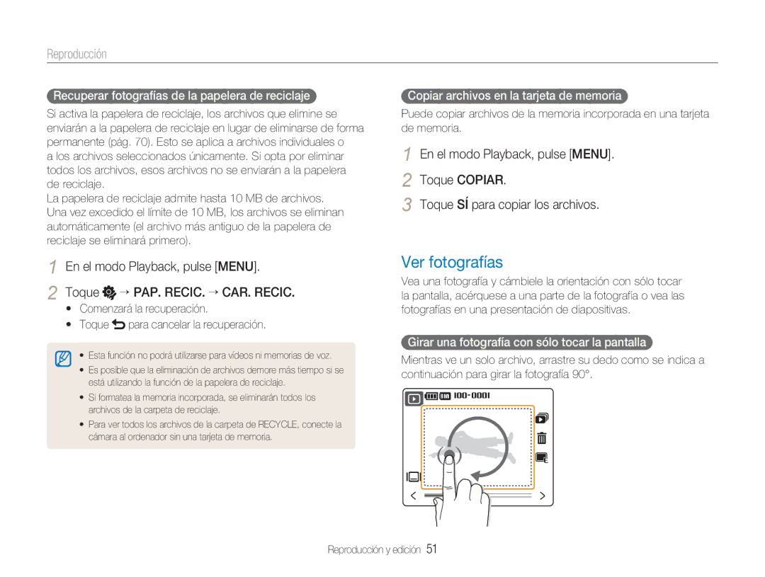 Samsung EC-NV100SBA/E1, EC-NV100SFB/E1, EC-NV100RBA/E1 Ver fotografías, Recuperar fotografías de la papelera de reciclaje 