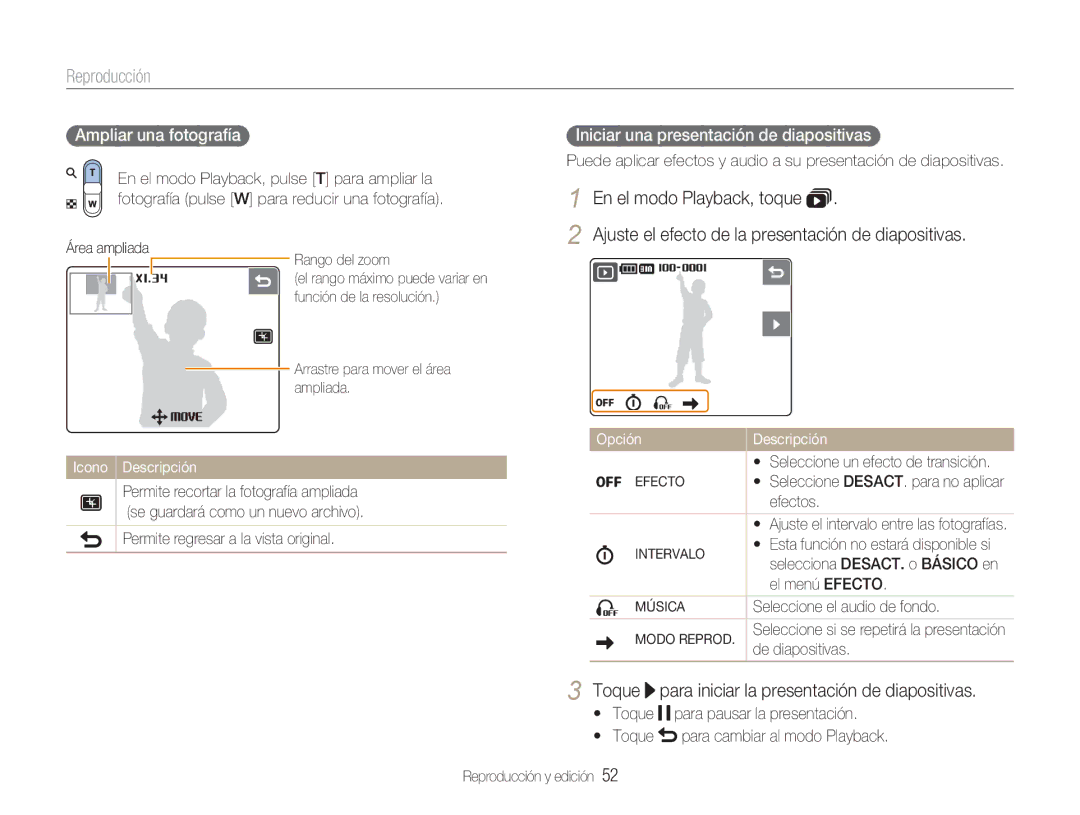 Samsung EC-NV100SFB/E1, EC-NV100SBA/E1 manual En el modo Playback, toque, Toque para iniciar la presentación de diapositivas 