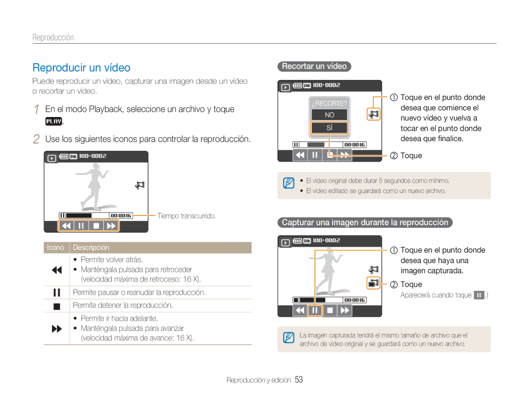 Samsung EC-NV100RBA/E1, EC-NV100SBA/E1 Reproducir un vídeo, Recortar un vídeo, Capturar una imagen durante la reproducción 