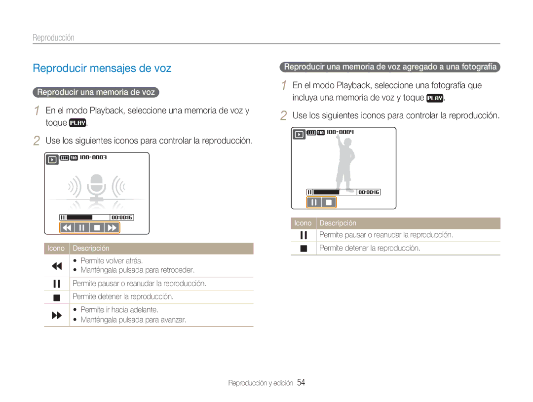 Samsung EC-NV100BBA/E1 manual Reproducir mensajes de voz, En el modo Playback, seleccione una memoria de voz y Toque 