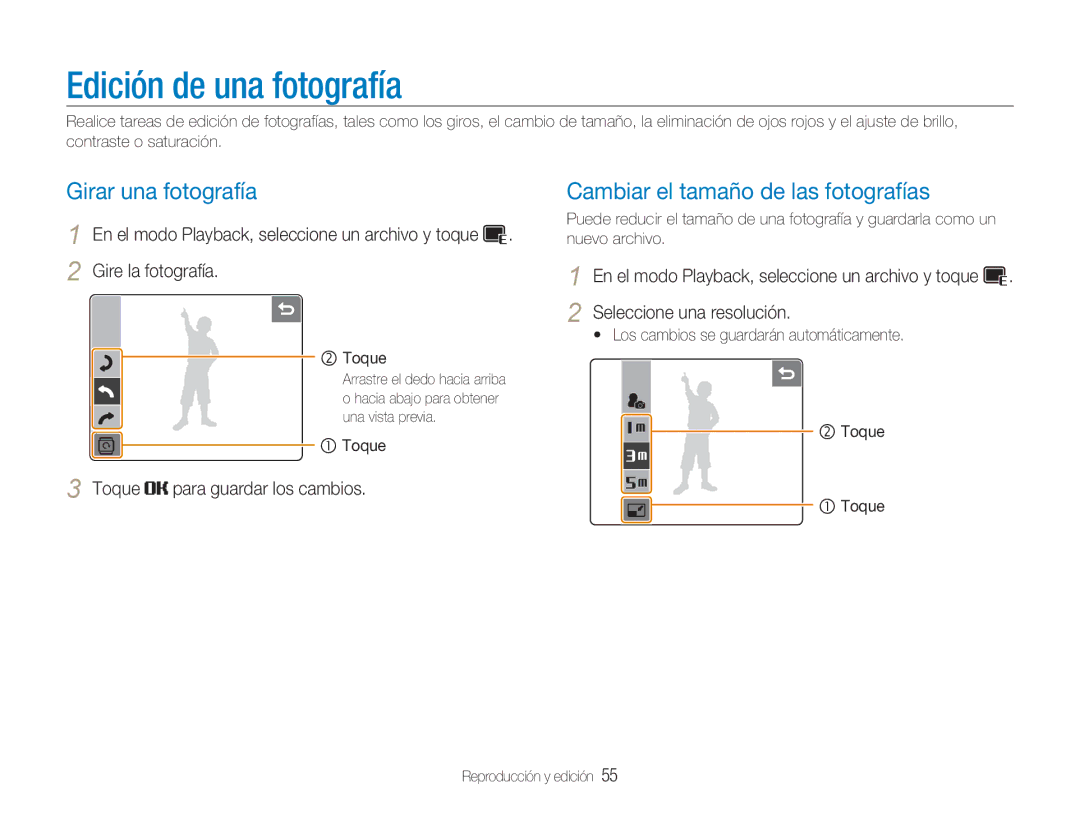 Samsung EC-NV100SBA/E1 manual Edición de una fotografía, Girar una fotografía, Cambiar el tamaño de las fotografías 