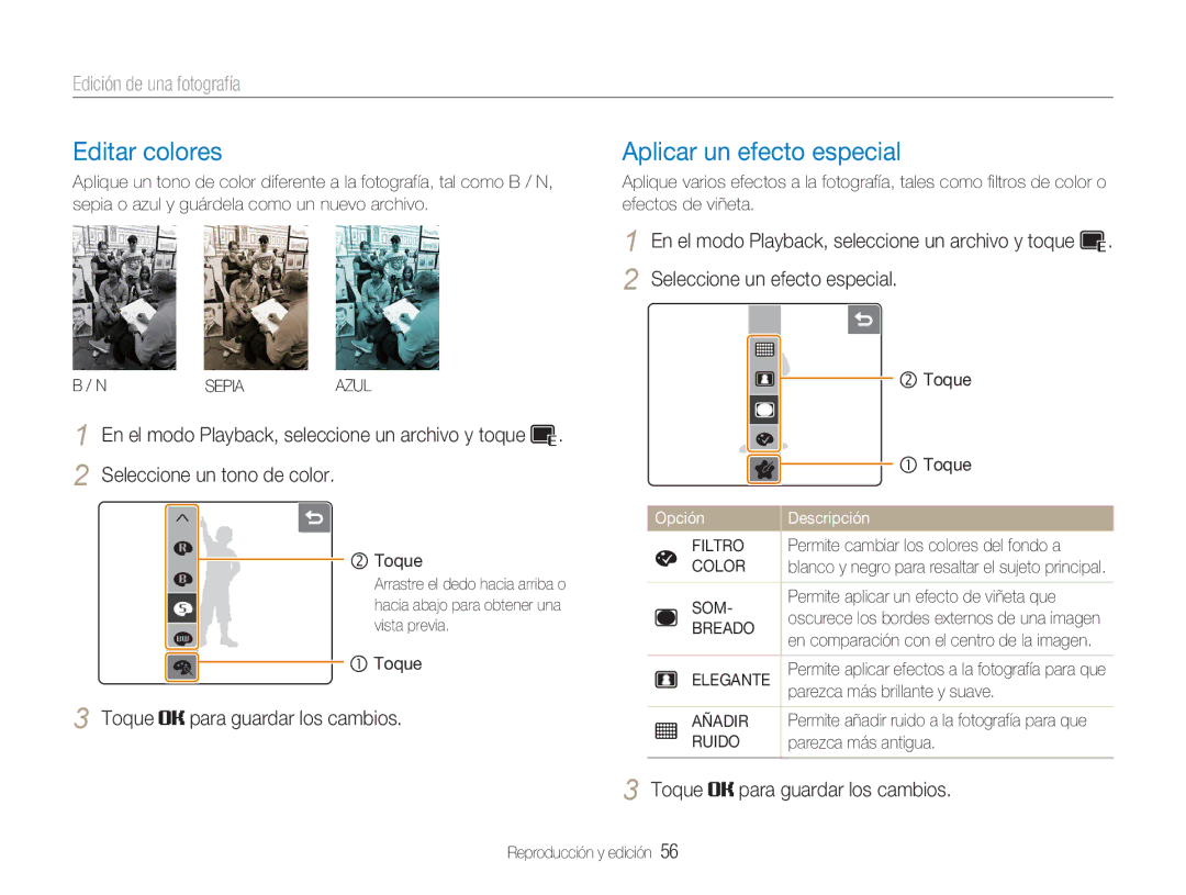 Samsung EC-NV100SFB/E1, EC-NV100SBA/E1 manual Editar colores, Aplicar un efecto especial, Edición de una fotografía 
