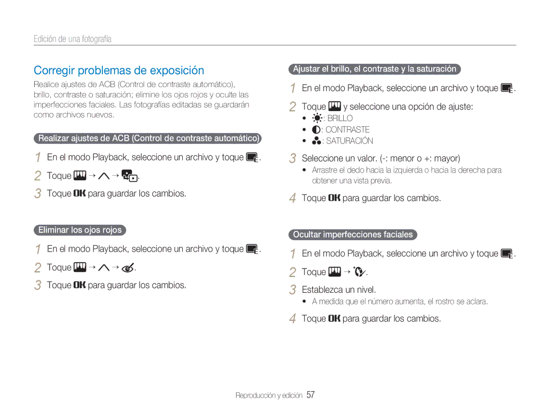 Samsung EC-NV100RBA/E1 Corregir problemas de exposición, Toque Seleccione una opción de ajuste, Toque Establezca un nivel 