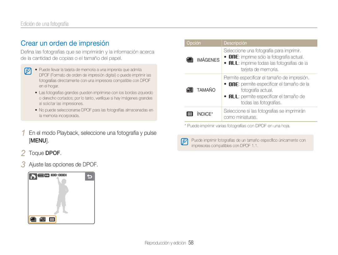 Samsung EC-NV100BBA/E1, EC-NV100SBA/E1, EC-NV100SFB/E1, EC-NV100RBA/E1 Crear un orden de impresión, Imágenes, Tamaño, Índice 